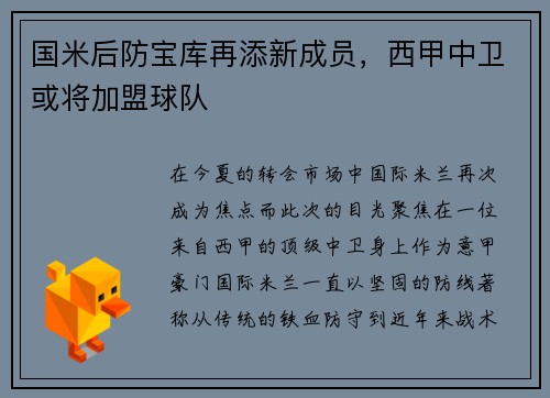 国米后防宝库再添新成员，西甲中卫或将加盟球队