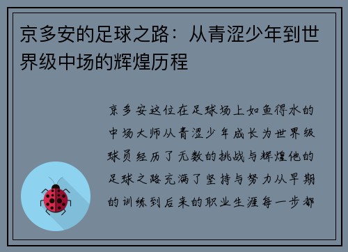京多安的足球之路:从青涩少年到世界级中场的辉煌历程